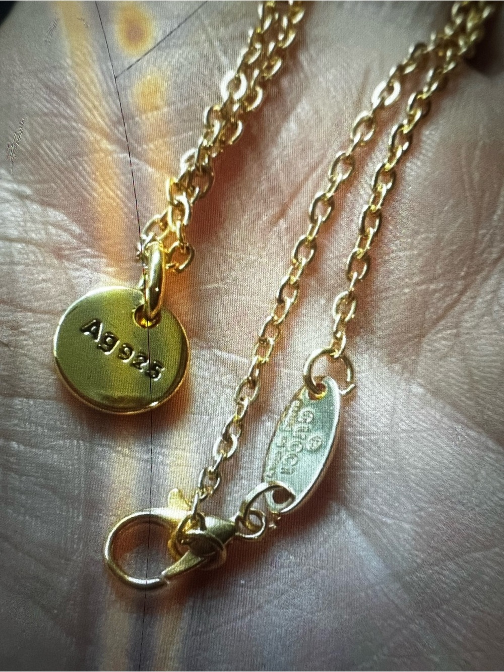 Upcycled fashion Gold-Tone 925 Sterling Chain Necklace with Round Tag 20 inch